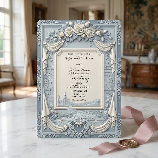 White Rose and Dusty Blue Cream Romance Wedding Einladung