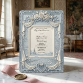 White Rose and Dusty Blue Cream Romance Wedding Einladung