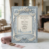 White Rose and Dusty Blue Cream Romance Wedding Einladung