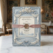 White Rose and Dusty Blue Cream Romance Wedding Einladung