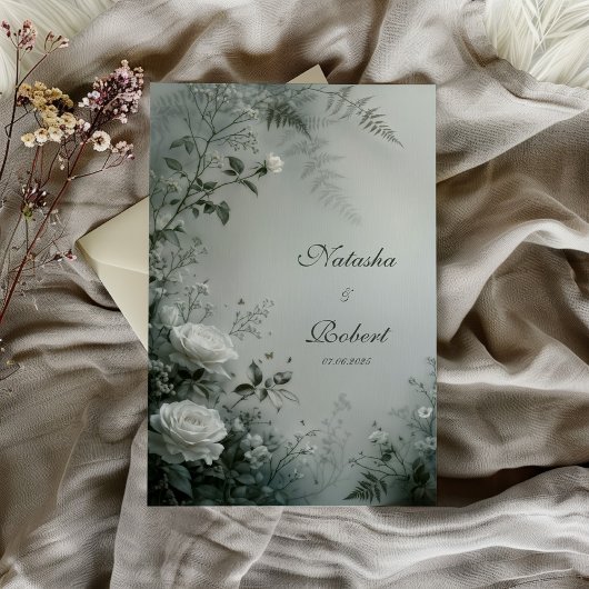 White Rose and Dusty Gray Fern Winter Wedding Einladung