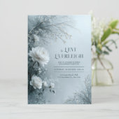 White Rose and Icy Blue Mist Winter Wedding Einladung (Stehend Vorderseite)