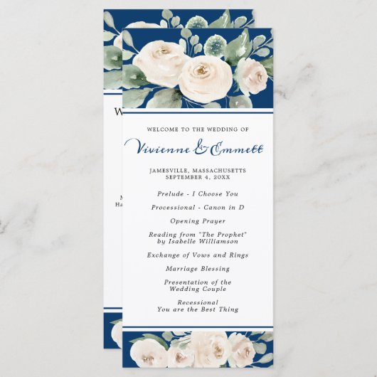 White Rose auf Blue Wedding Programm (Vorne/Hinten)