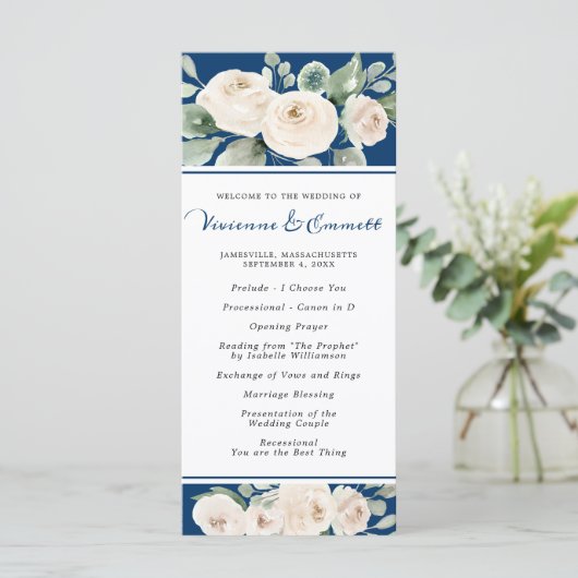 White Rose auf Blue Wedding Programm (Stehend Vorderseite)