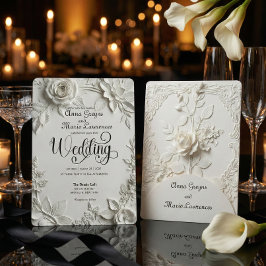 White Rose Bas Relief Faux Embossed Wedding  Einladung