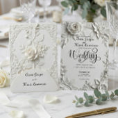 White Rose Bas Relief Faux Embossed Wedding  Einladung