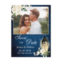 White Rose Blue Wood FOTO Wedding Save the Date