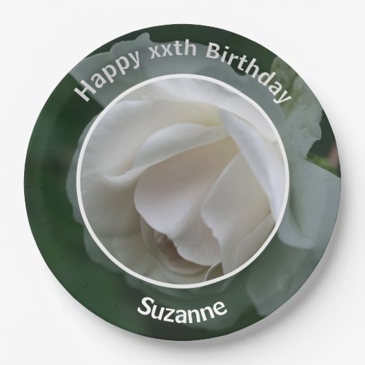 White Rose Blume Personalisiert Happy Birthday Pappteller (Vorderseite)