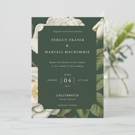 White Rose Botanical Pattern Invitation Einladung (Stehend Vorderseite)