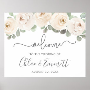 White Rose Botanical Wedding Welcome Sign Poster