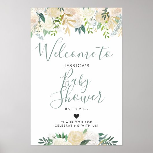 White Rose Bouquet | Babydusche | Begrüßung Poster (Vorne)