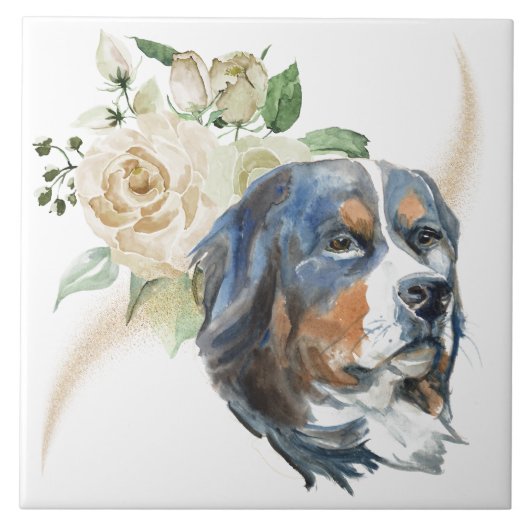 White Rose Bouquet Bernese Mountain Dog Fliese (Vorderseite)