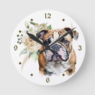 White Rose Bouquet Bulldog Runde Wanduhr