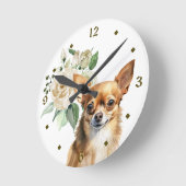 White Rose Bouquet Chihuahua Dog Runde Wanduhr (Winkel)