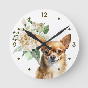 White Rose Bouquet Chihuahua Dog Runde Wanduhr