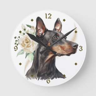 White Rose Bouquet Doberman Pinscher Dog Runde Wanduhr