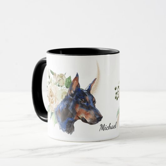 White Rose Bouquet Doberman Pinscher Dog Tasse (Vorderseite Links)