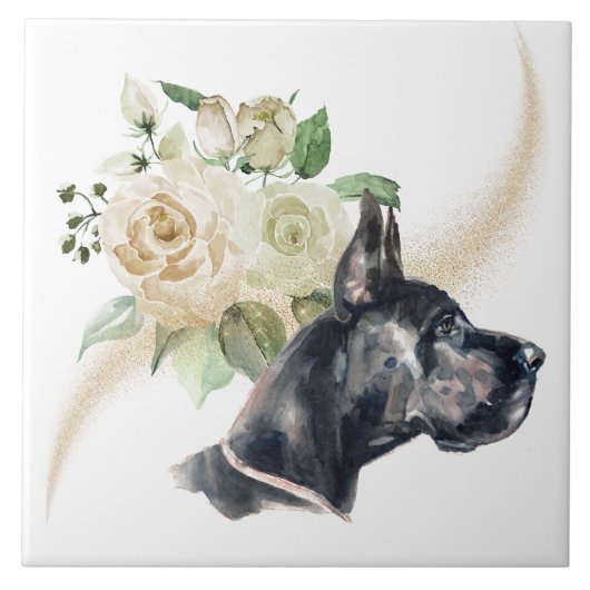 White Rose Bouquet Great Dane Dog Fliese (Vorderseite)