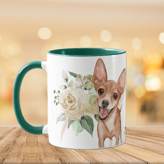 White Rose Bouquet Happy Chihuahua Dog Tasse