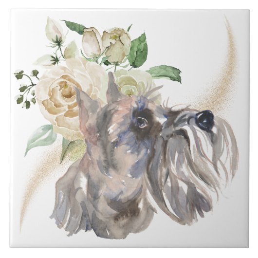 White Rose Bouquet Miniature Schnauzer Dog Fliese (Vorderseite)