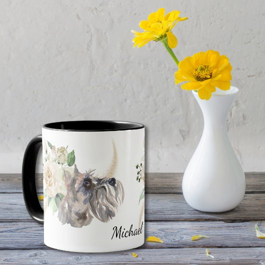 White Rose Bouquet Miniature Schnauzer Dog Tasse