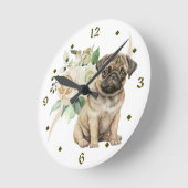 White Rose Bouquet Mops Puppy Runde Wanduhr (Winkel)