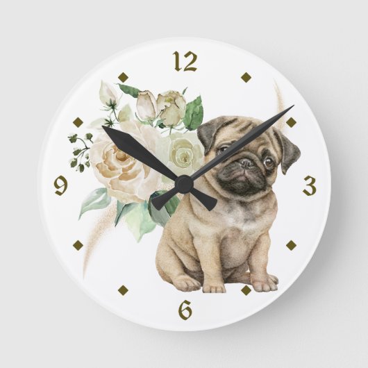 White Rose Bouquet Mops Puppy Runde Wanduhr (Vorderseite)