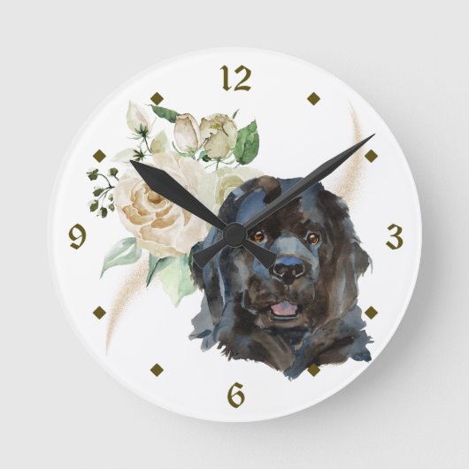 White Rose Bouquet Neufundland Dog Runde Wanduhr (Vorderseite)