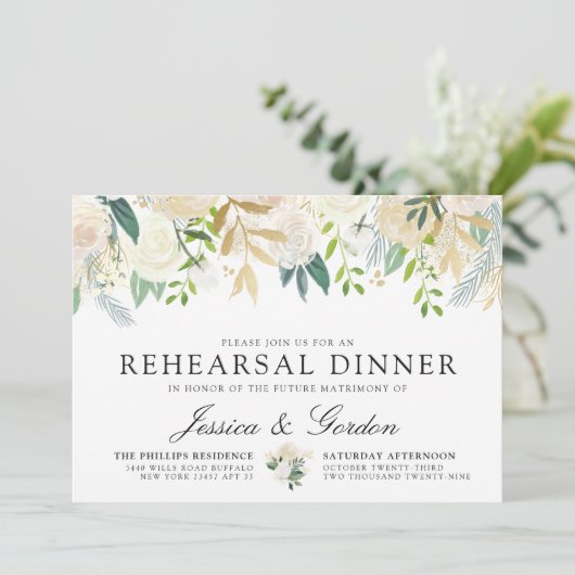 White Rose Bouquet | Polterabend Einladung (Stehend Vorderseite)