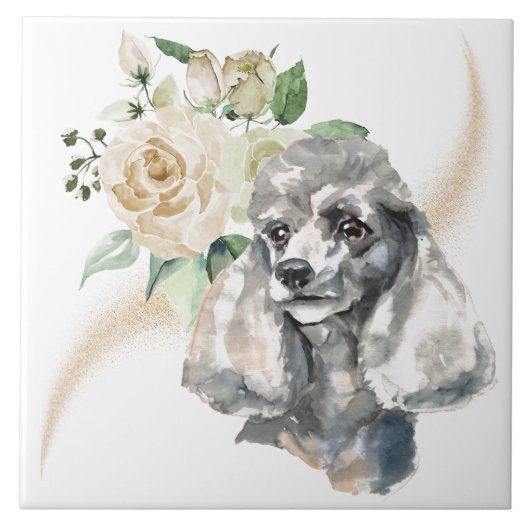 White Rose Bouquet Poodle Dog Fliese (Vorderseite)