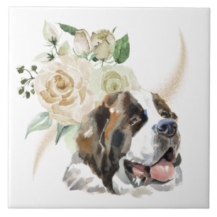White Rose Bouquet Saint Bernard Dog Fliese