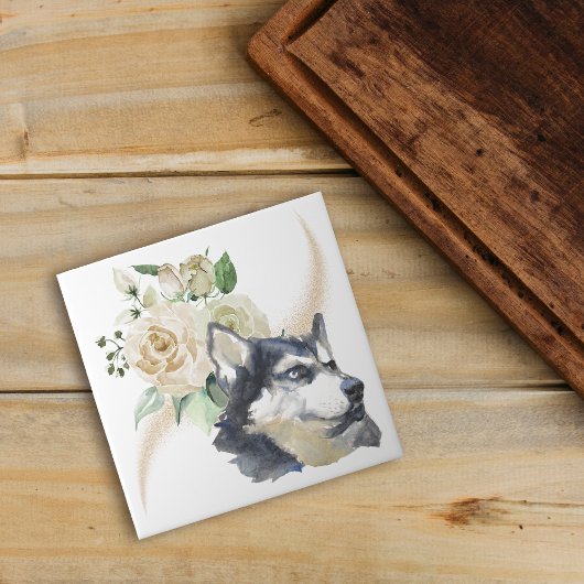White Rose Bouquet Siberian Husky Dog Fliese