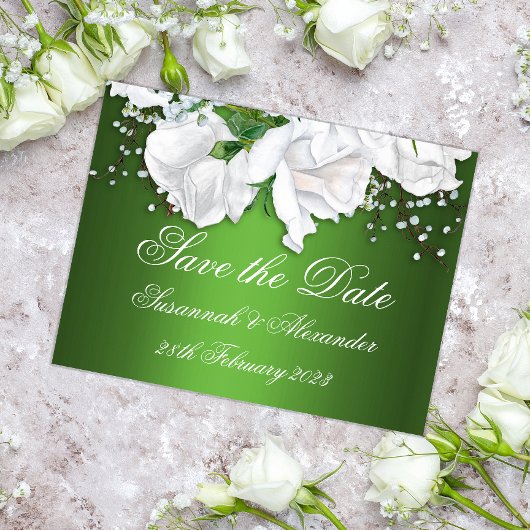 White Rose Bouquet und Metallic Green Wedding Ankündigungspostkarte