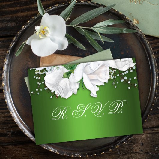 White Rose Bouquet und Metallic Green Wedding RSVP