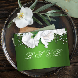 White Rose Bouquet und Metallic Green Wedding RSVP Karte