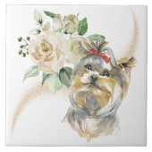 White Rose Bouquet Yorkshire Terrier Dog Fliese (Vorderseite)