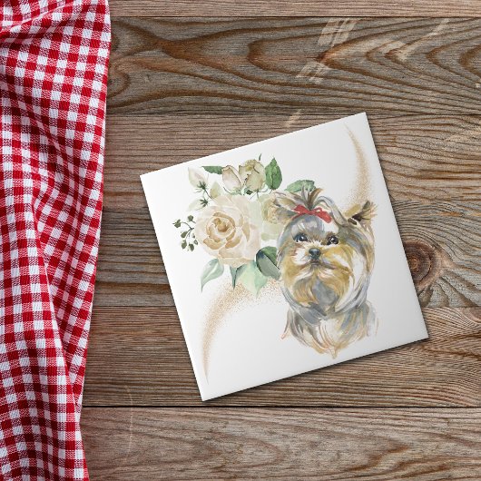 White Rose Bouquet Yorkshire Terrier Dog Fliese