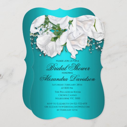 White Rose Bridal Bouquet Aqua Brautparty Einladung (Vorne/Hinten)