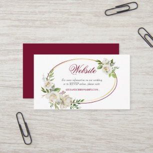 White Rose Burgundy Bloral Gold Wedding Visitenkarte