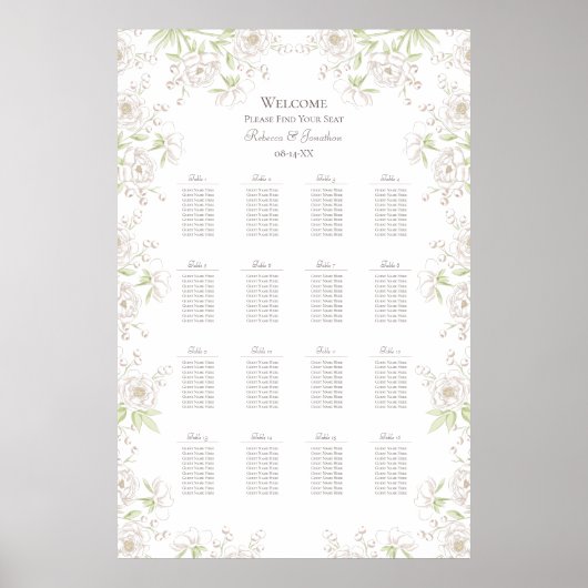 White Rose Classic Wedding Seating Chart Poster (Vorne)