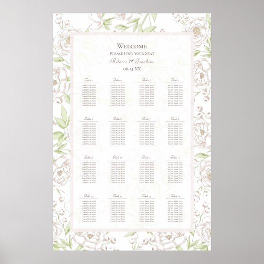 White Rose Classic Wedding Seating Chart Poster (Vorne)