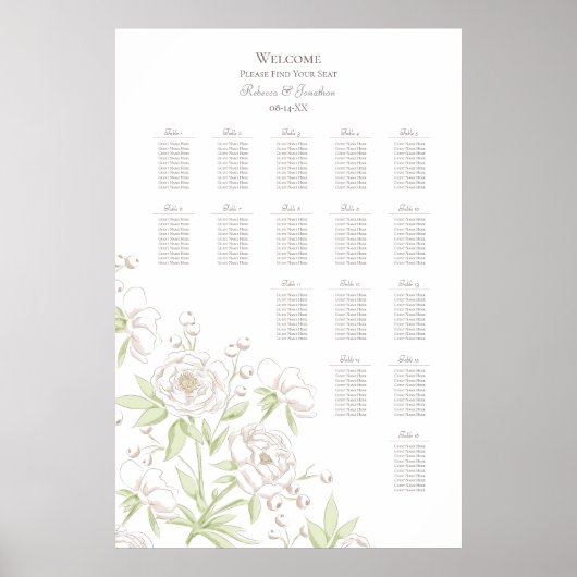 White Rose Classic Wedding Seating Chart Poster (Vorne)