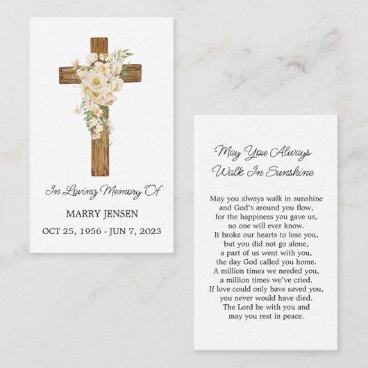 White rose Cross Memorial Funeral Prayer Card Visitenkarte (Vorne/Hinten)
