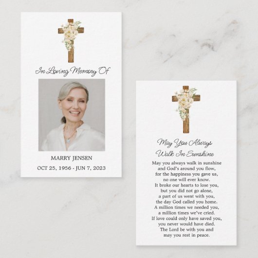 White rose Cross Photo Funeral Prayer Card Visitenkarte (Vorne/Hinten)