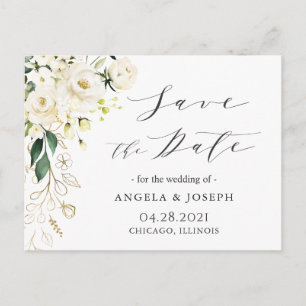 White Rose Floral Calligraphy Script Save the Date Ankündigungspostkarte