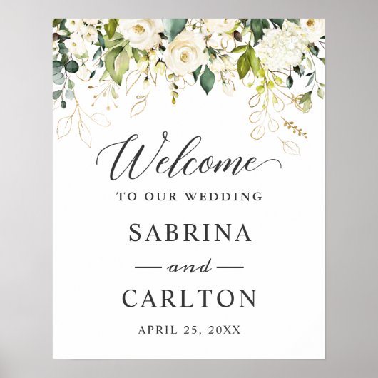 White Rose Floral Gold Blätter Hochzeitssymbol Poster (Vorne)