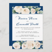 White Rose Floral on Navy Blue Wedding Einladung (Vorne/Hinten)