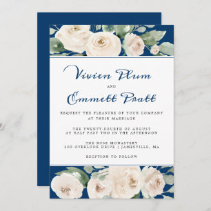 White Rose Floral on Navy Blue Wedding Einladung