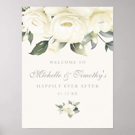 White Rose Floral Wedding Sign Poster (Vorne)