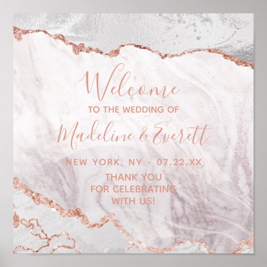 White & Rose Gold Agate Gilt Wedding Willkommensze Poster (Vorne)